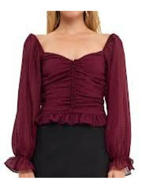 Anthropologie Endless Rose Burgundy Ruched Chiffon Long Sleeve Top Size L